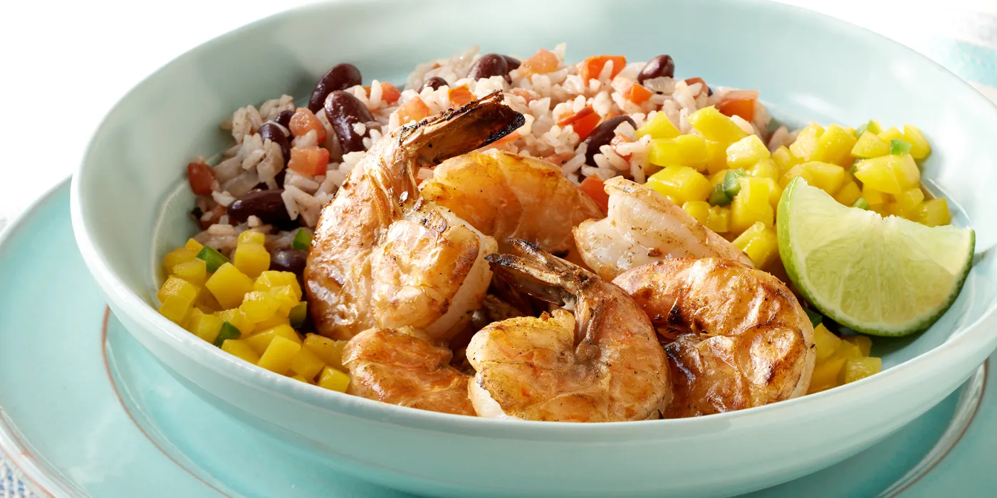 Škampi za guliti s casamiento rižom i salsom od manga